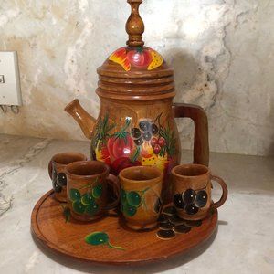 Island Wooden Teapot Tray Cup Set Painted‎ 6 Pieces